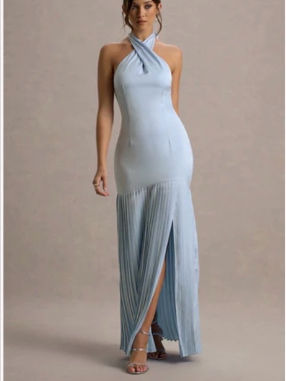 Club London Sansa Light Blue Halter Pleated Maxi Dress